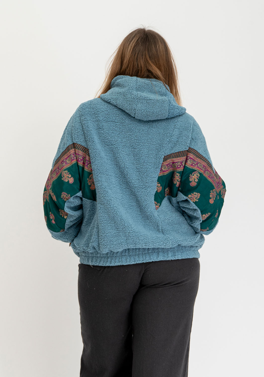 Blaue Teddy Oversize Wendejacke – Grüner Sari