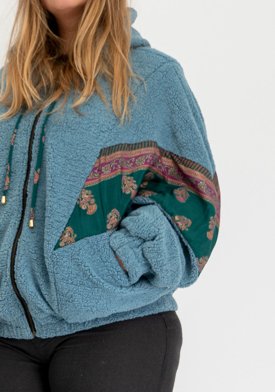 Blaue Teddy Oversize Wendejacke – Grüner Sari