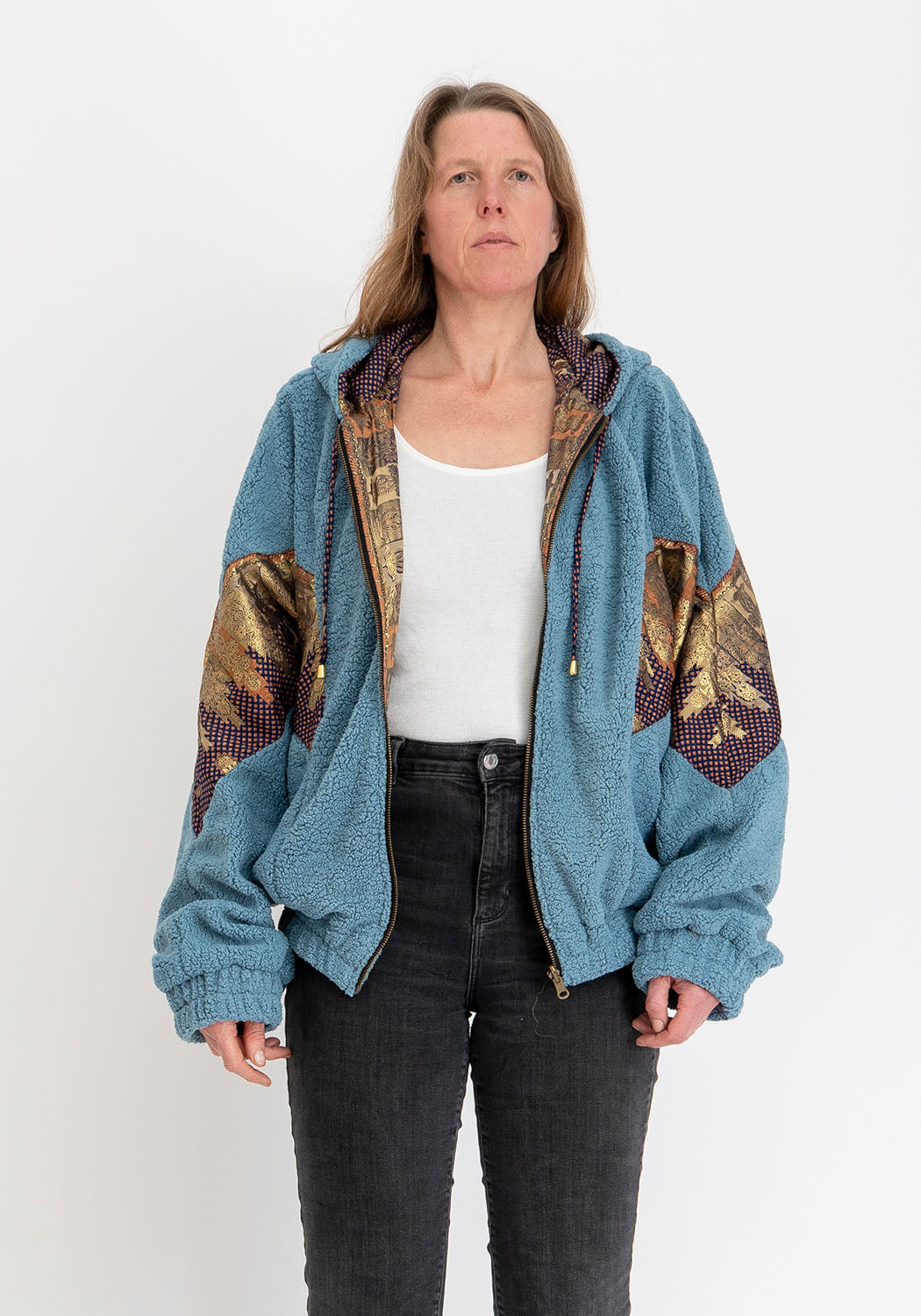 Blaue Teddy Oversize Sari-Wendejacke – Violett/Gold