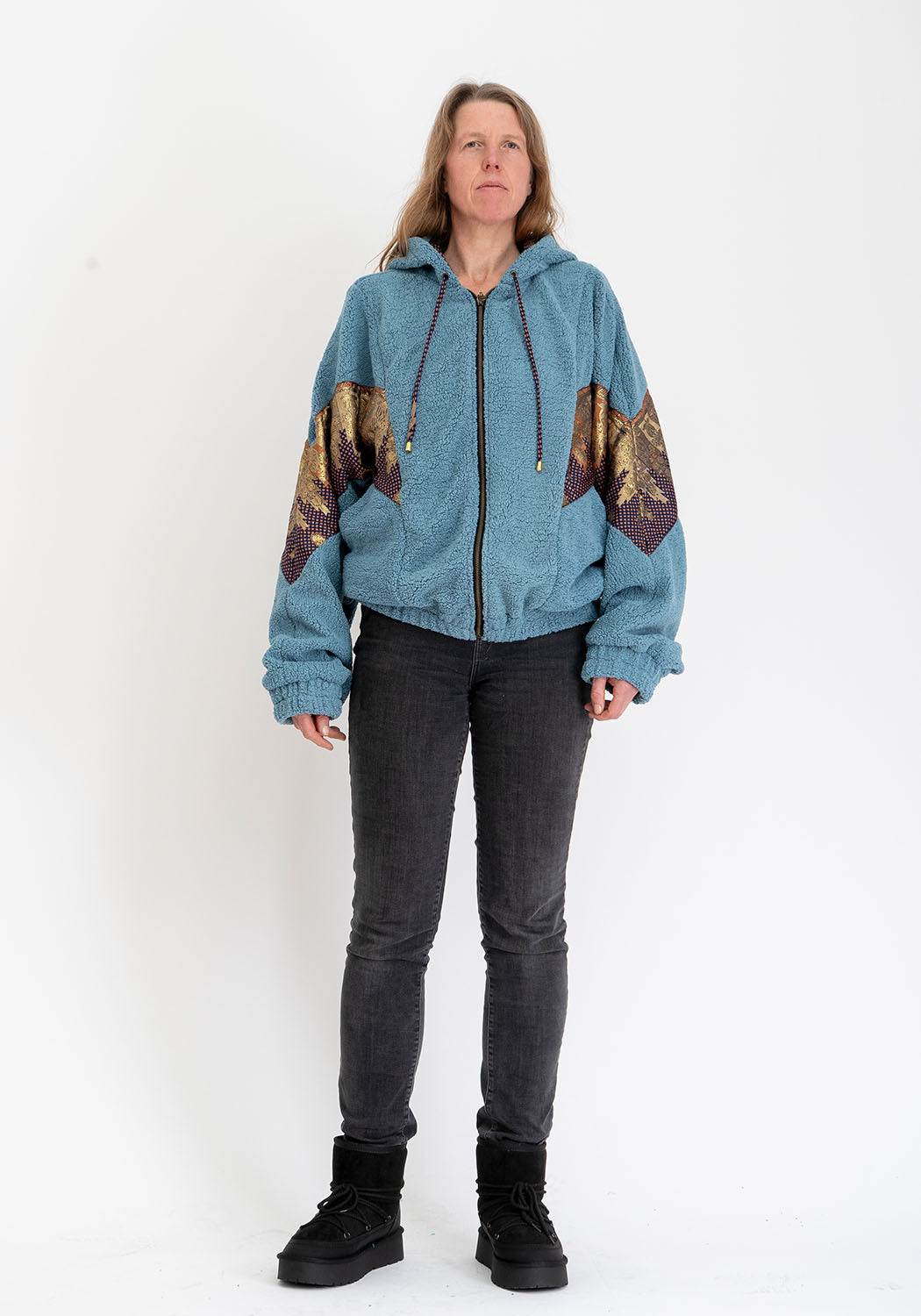 Blaue Teddy Oversize Sari-Wendejacke – Violett/Gold