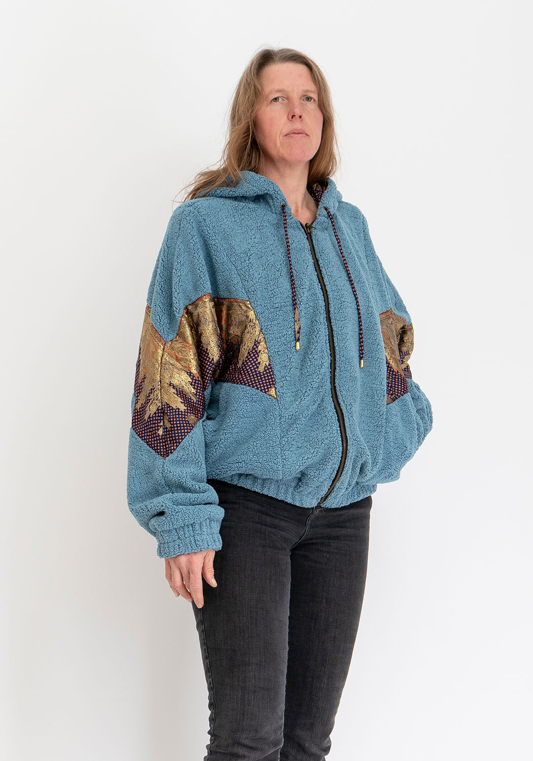 Blaue Teddy Oversize Sari-Wendejacke – Violett/Gold