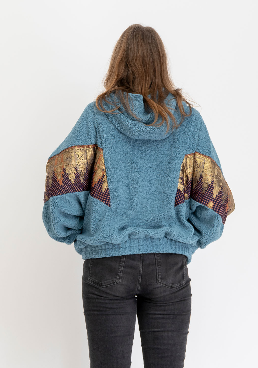 Blaue Teddy Oversize Sari-Wendejacke – Violett/Gold