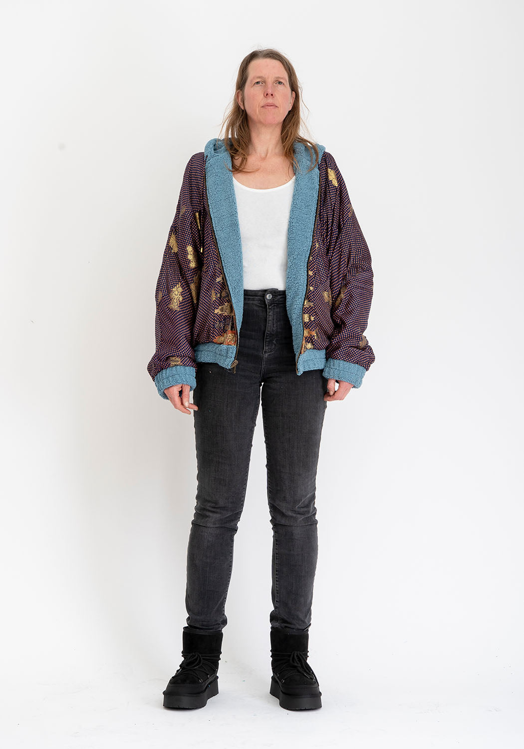 Blaue Teddy Oversize Sari-Wendejacke – Violett/Gold