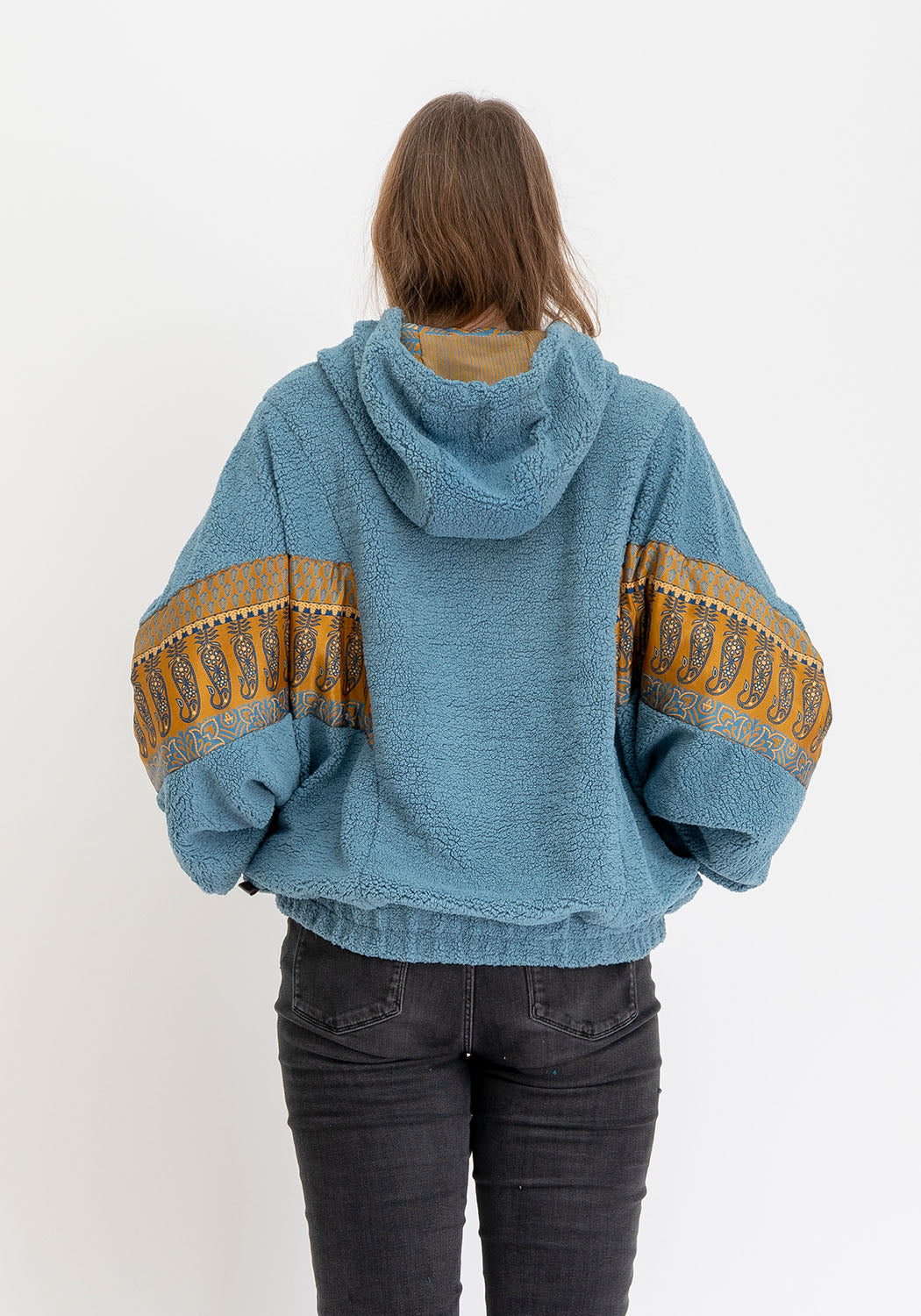 Blaue Teddy-Wendejacke – Senf-Ornament-Sari