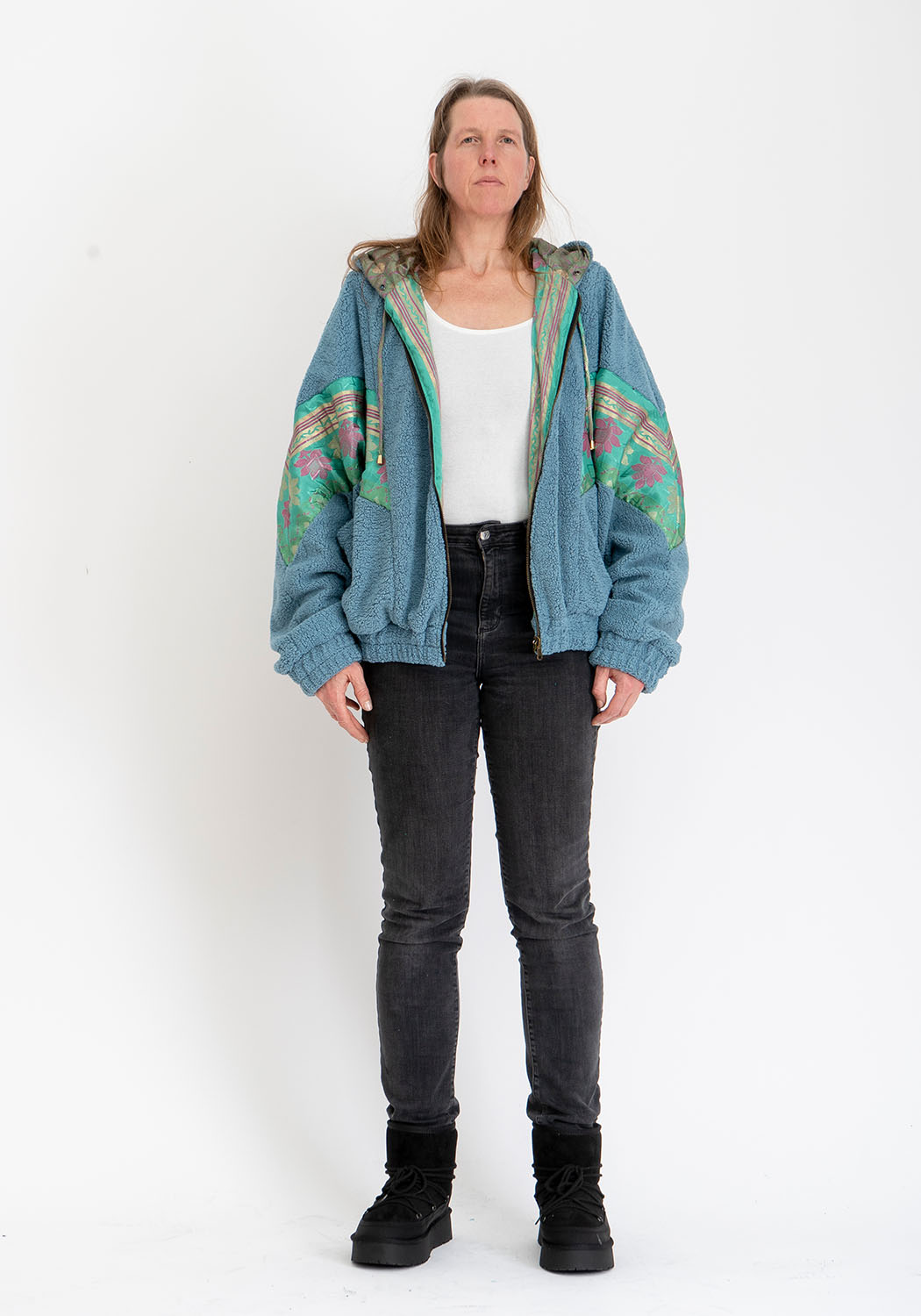 Blaue Teddy Oversize Wendejacke – Mint Floral Sari