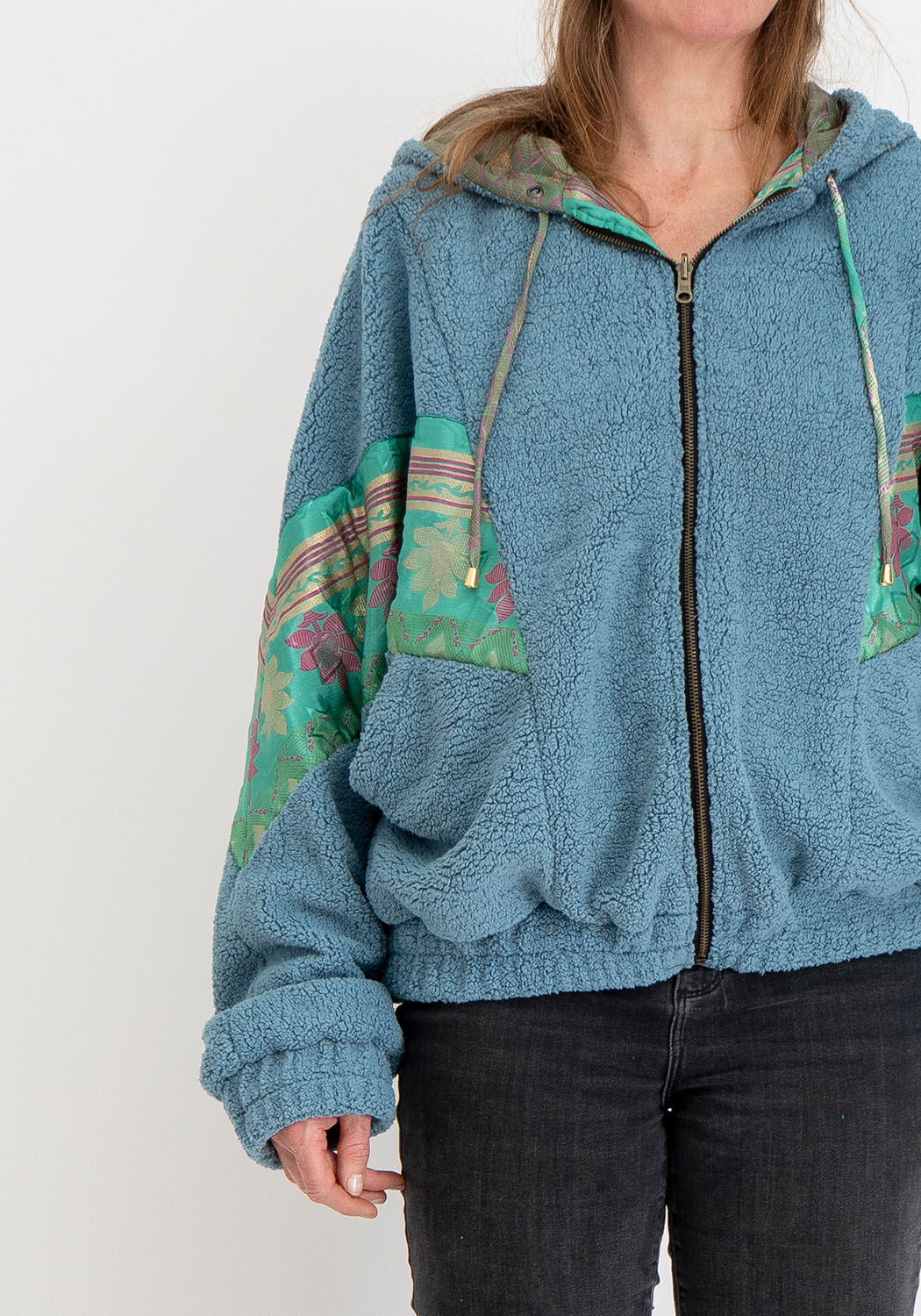 Blaue Teddy Oversize Wendejacke – Mint Floral Sari