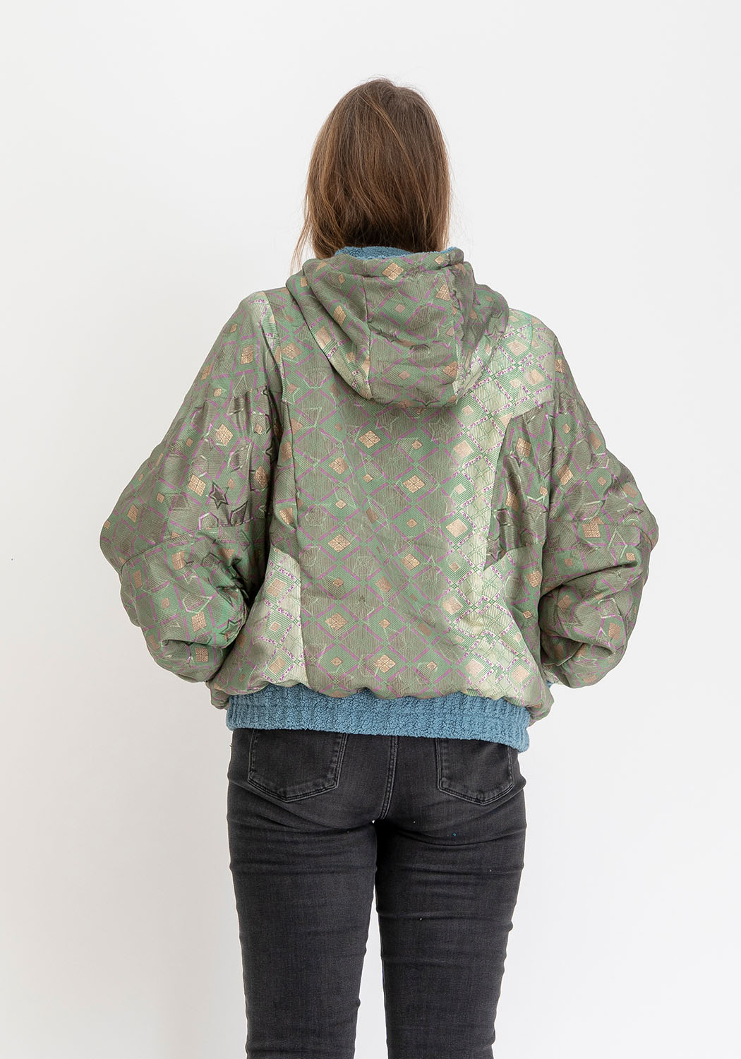 Blaue Teddy Oversize Wendejacke – Mint Floral Sari