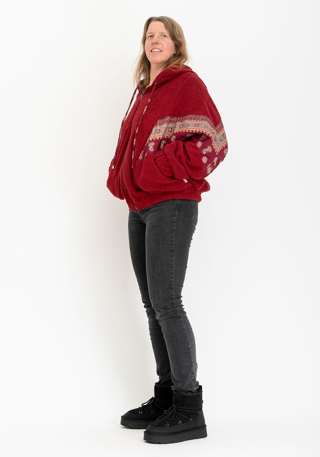 Wendbare dunkelrote Teddyjacke mit Kapuze