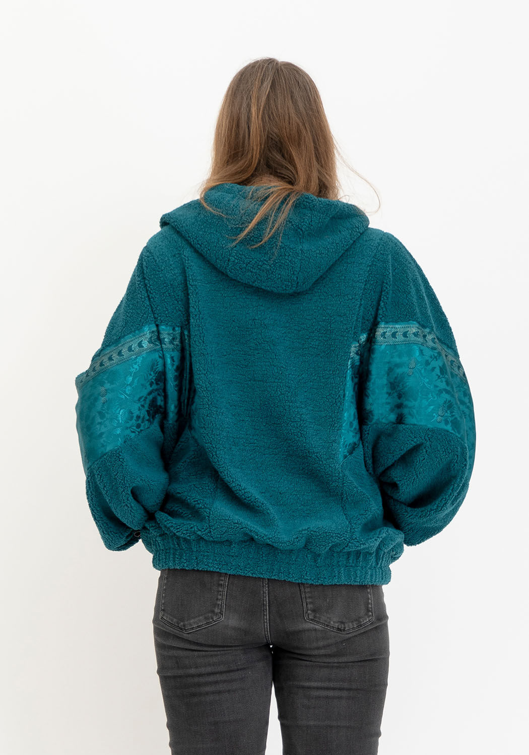 Teddyjacke in Petrol mit Kapuze und Wendbarer Sari-Seite