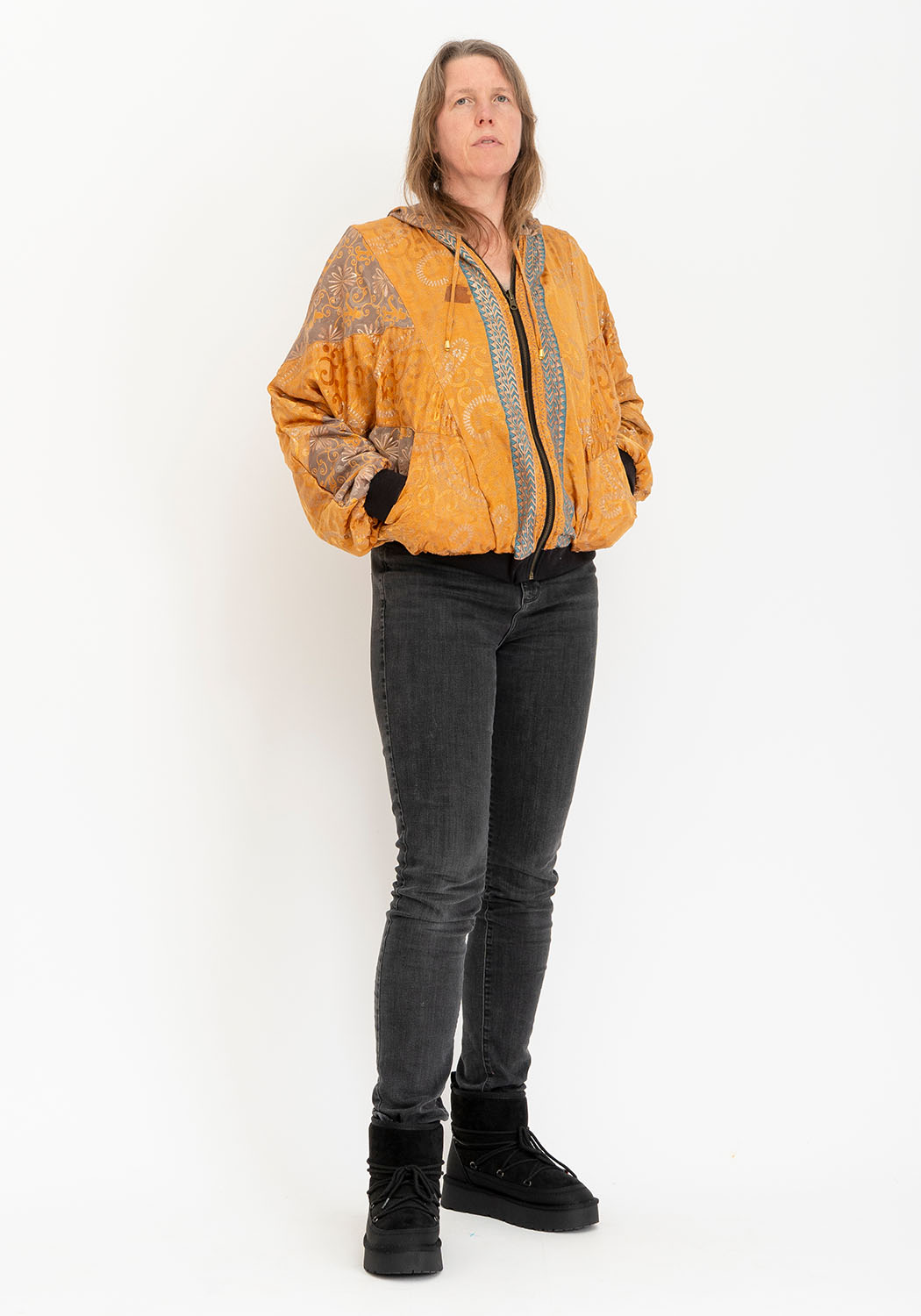 Minimalistische graue Samt Wendejacke mit Kapuze