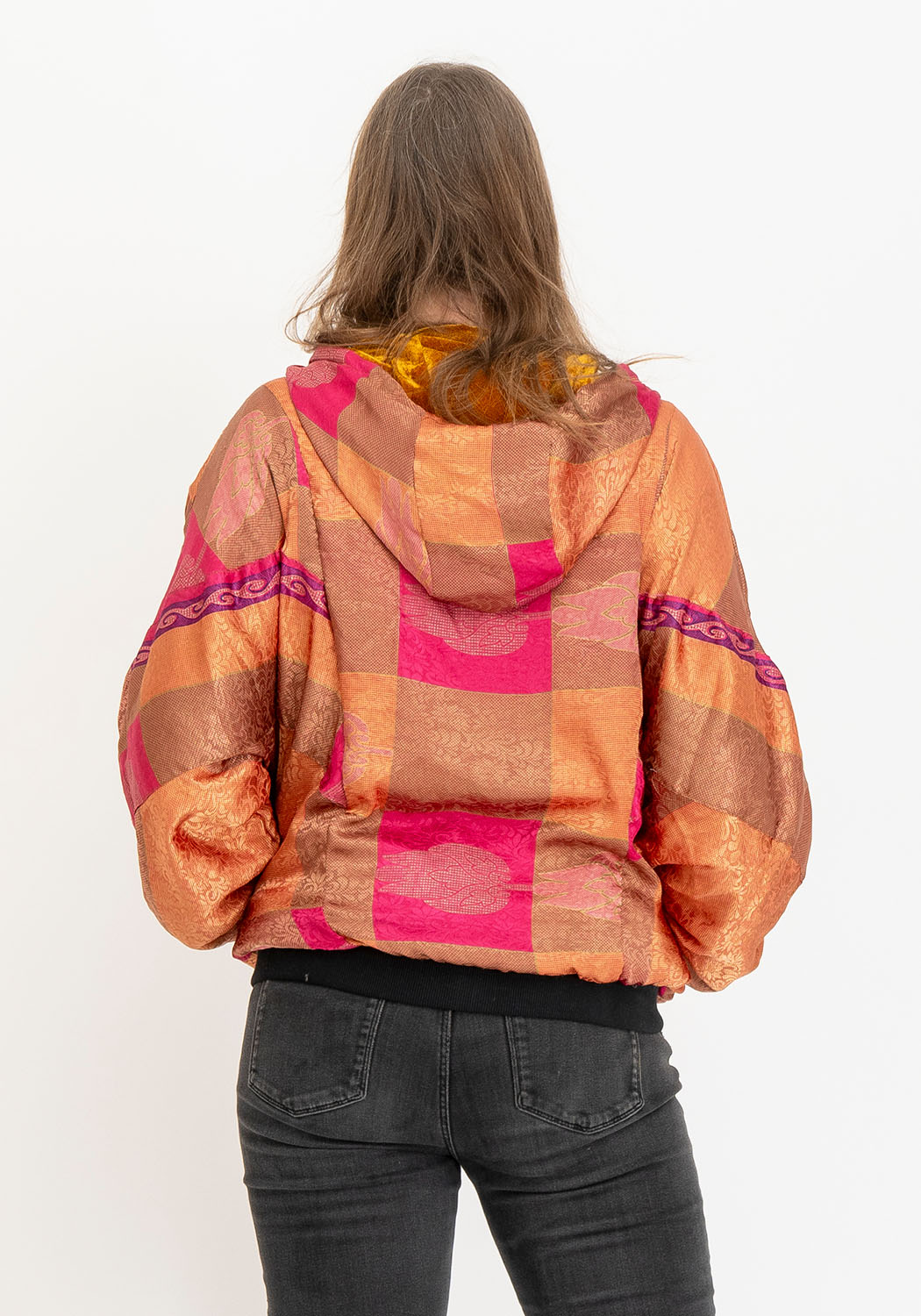 Samtjacke in Senf, wendbar mit Sari-Paneelen und Kapuze