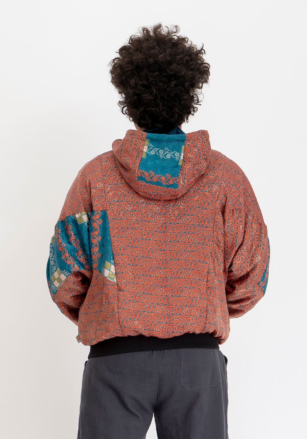 Samtjacke petrol wendbar – Türkis-Patchwork-Sari