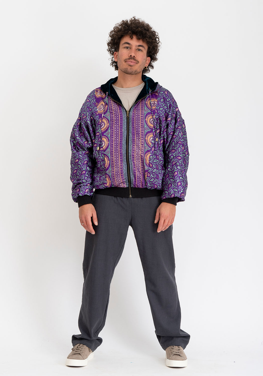 Kapuzensamtjacke petrol wendbar – lila Paisley-Sari