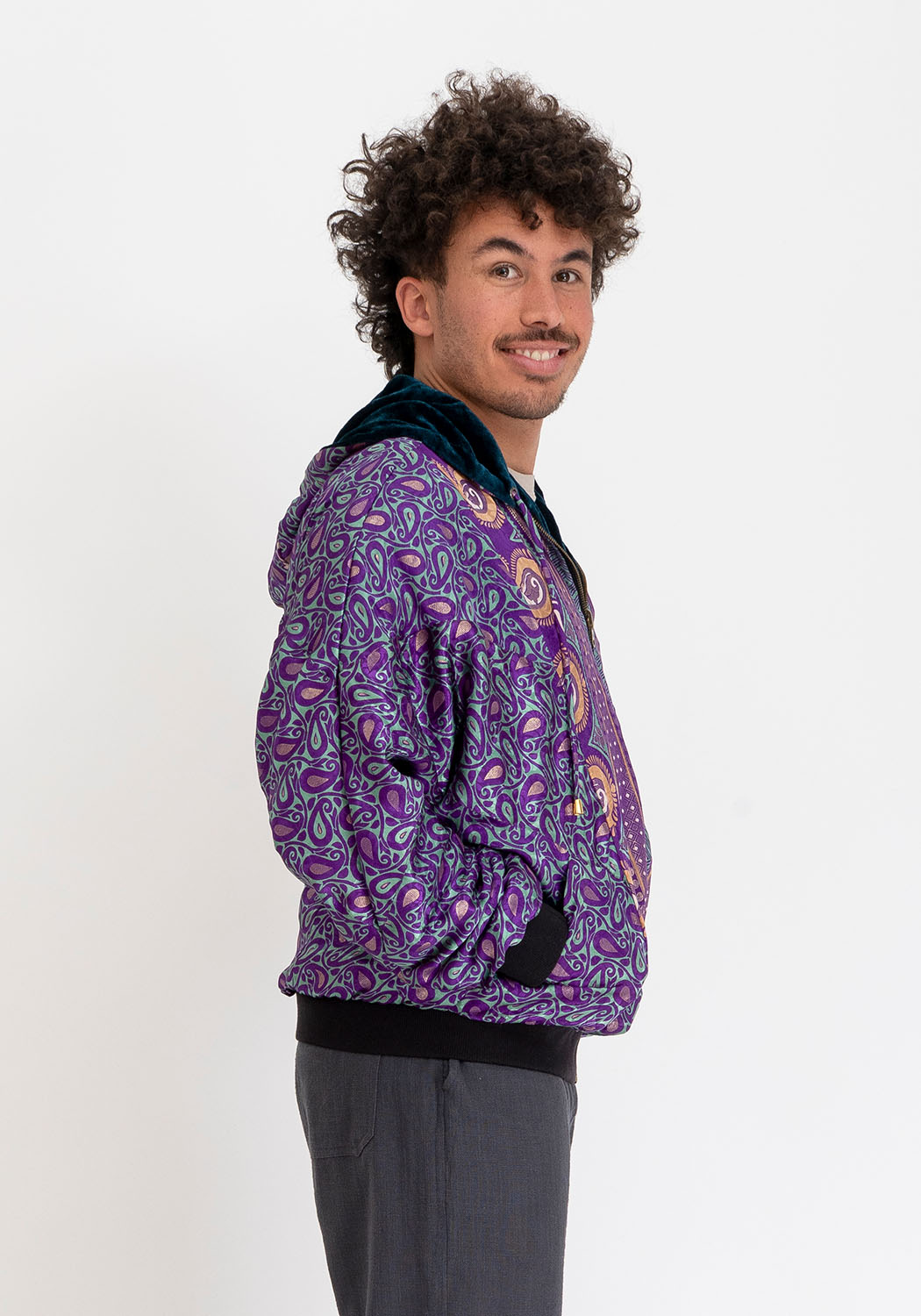 Kapuzensamtjacke petrol wendbar – lila Paisley-Sari
