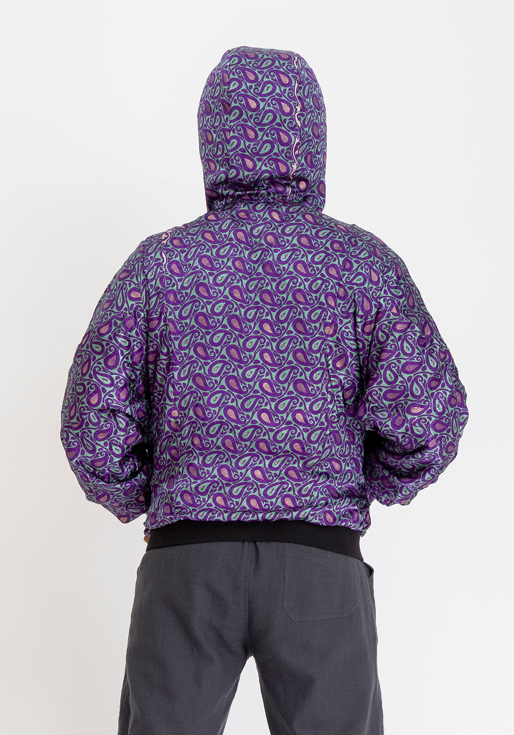 Kapuzensamtjacke petrol wendbar – lila Paisley-Sari