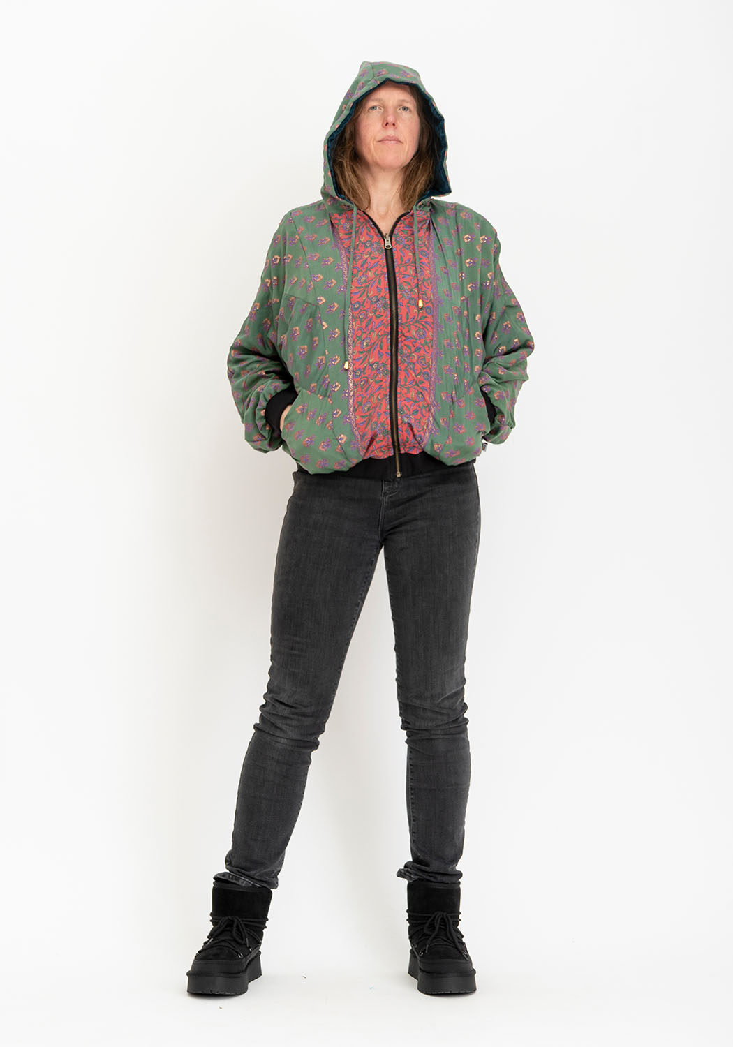 Petrol Samtjacke wendbar – grüner Botanical-Sari