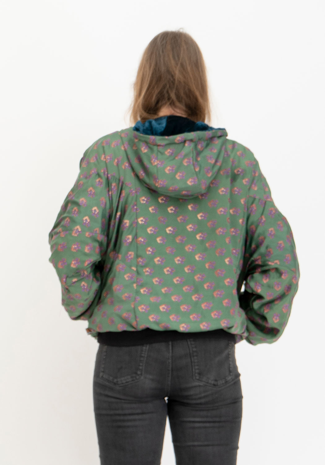 Petrol Samtjacke wendbar – grüner Botanical-Sari