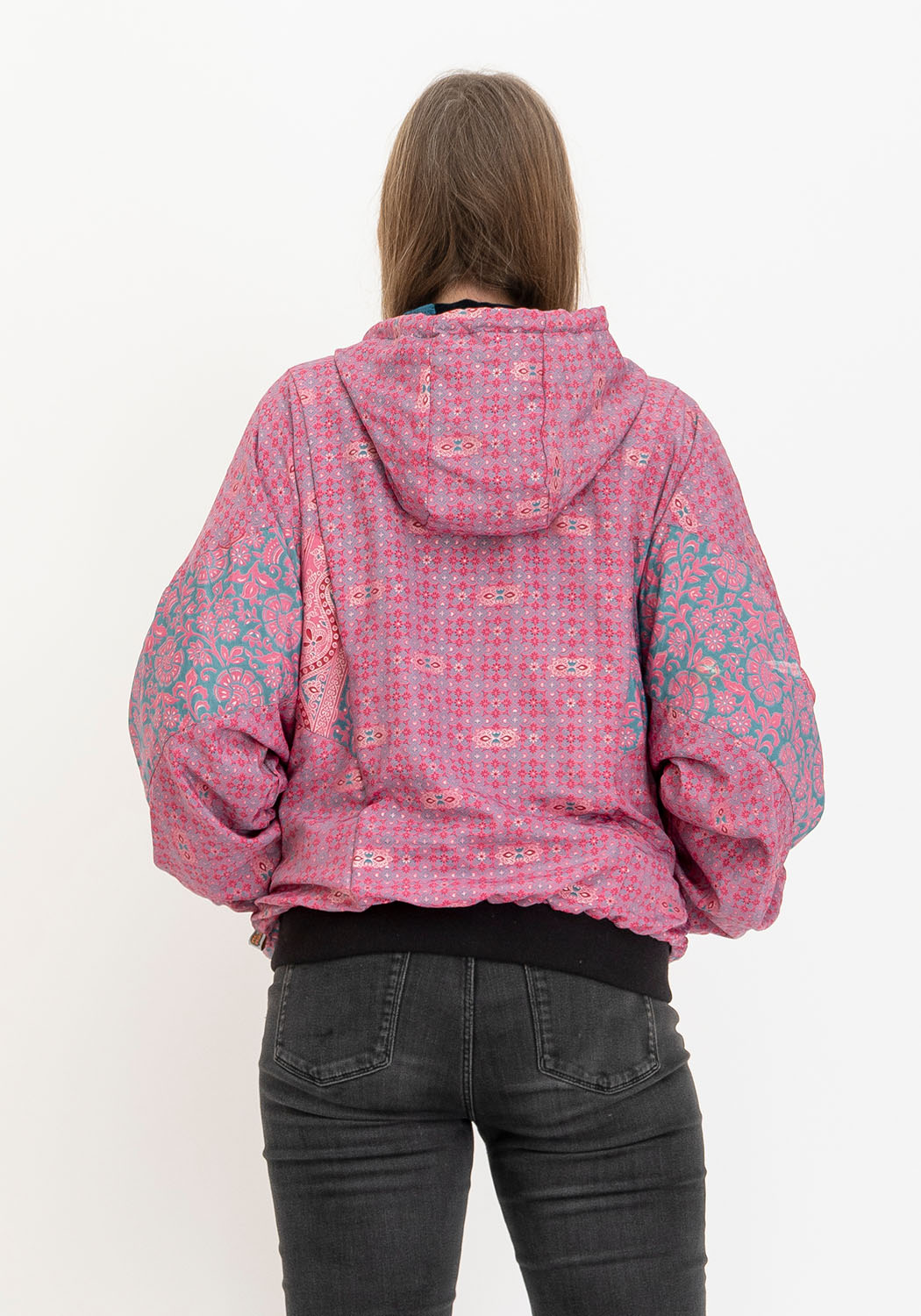 Samtjacke petrol wendbar – pinker Mandala-Sari, Kapuze