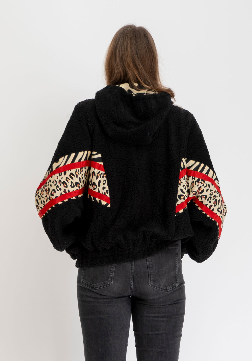 Schwarze Oversize Teddyjacke mit Kapuze und Zebra Print
