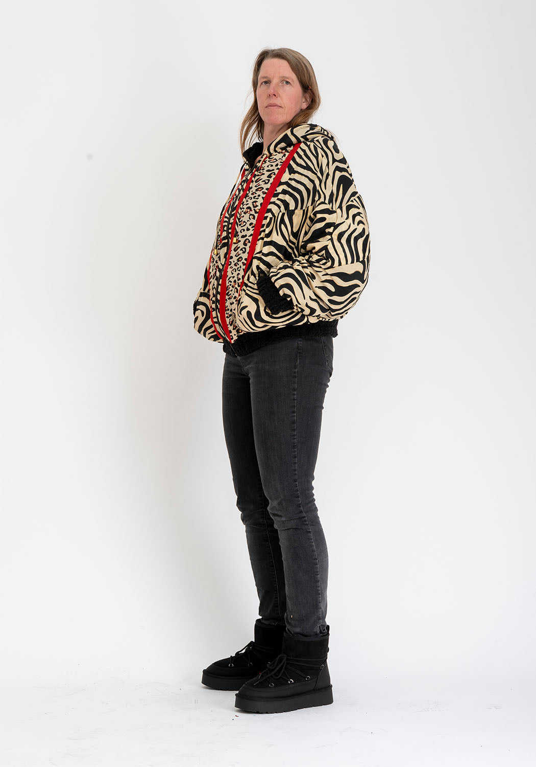 Schwarze Oversize Teddyjacke mit Kapuze und Zebra Print