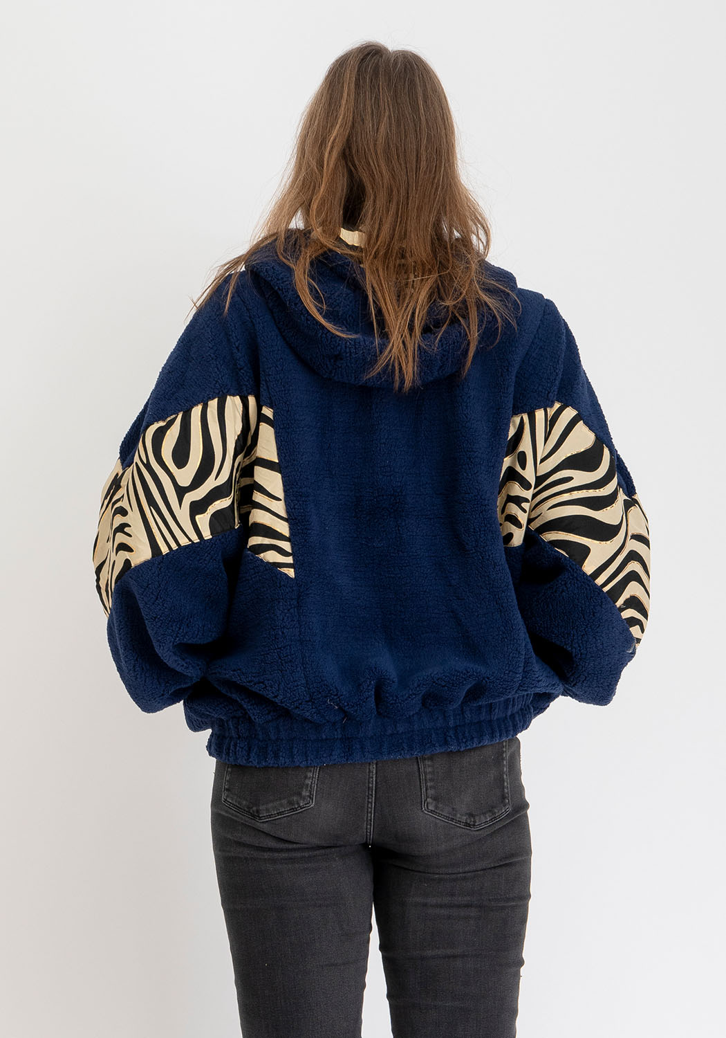 Dunkelblaue Teddyjacke mit Kapuze, wendbar Zebra Print