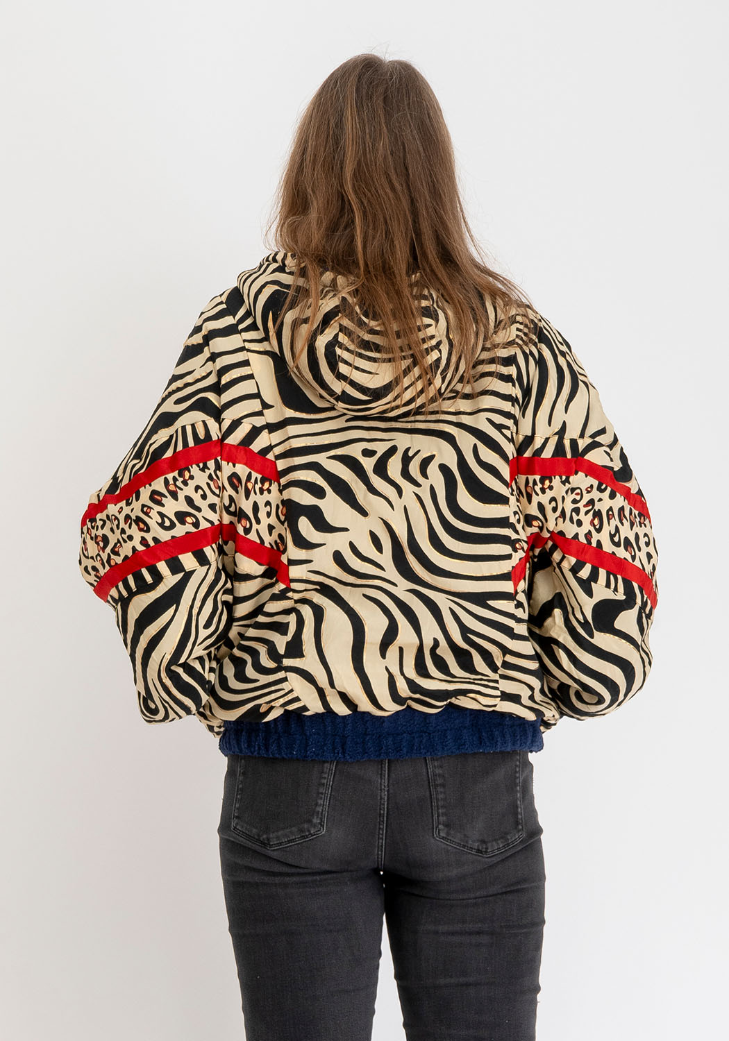 Dunkelblaue Teddyjacke mit Kapuze, wendbar Zebra Print