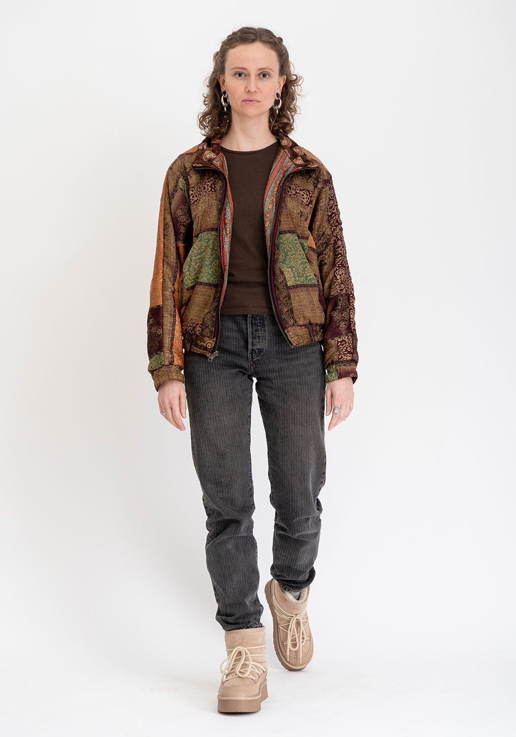 Indigoblaue Paisley Vintage-Sari Bomberjacke – Wendbar Unisex