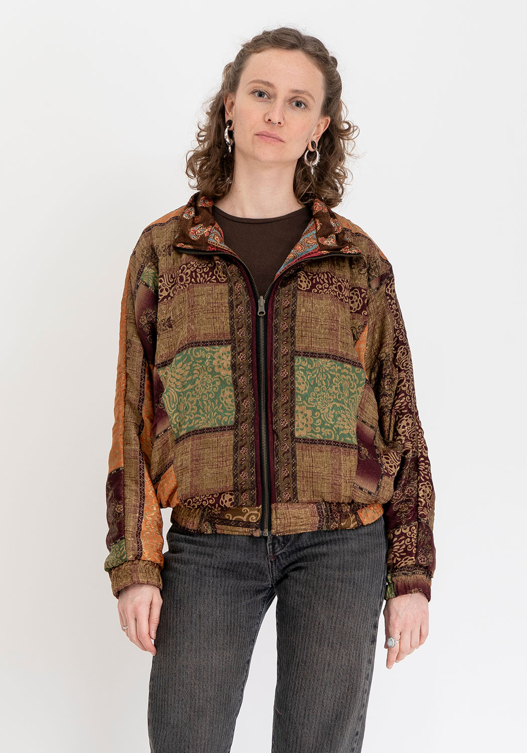 Indigoblaue Paisley Vintage-Sari Bomberjacke – Wendbar Unisex
