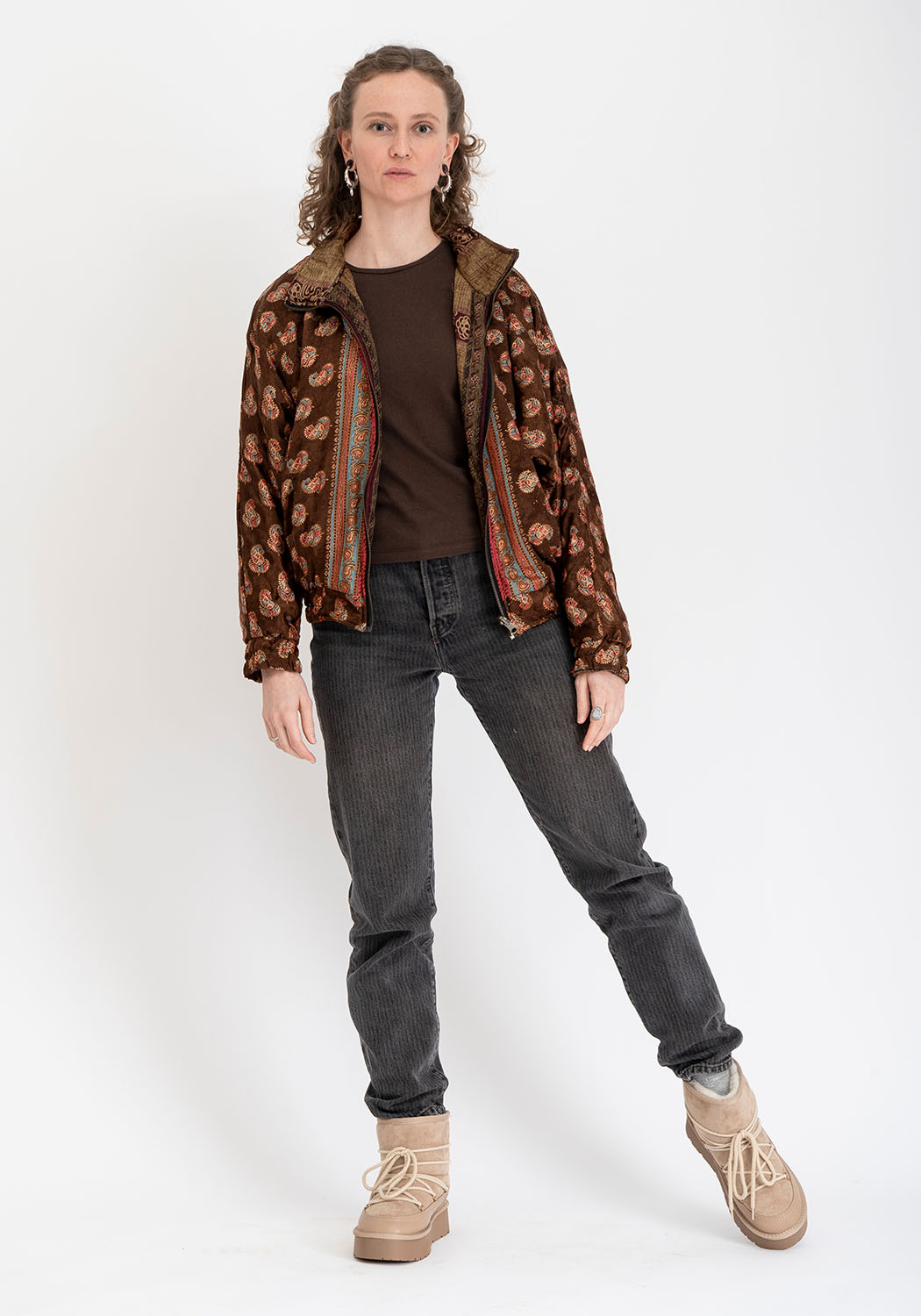 Indigoblaue Paisley Vintage-Sari Bomberjacke – Wendbar Unisex