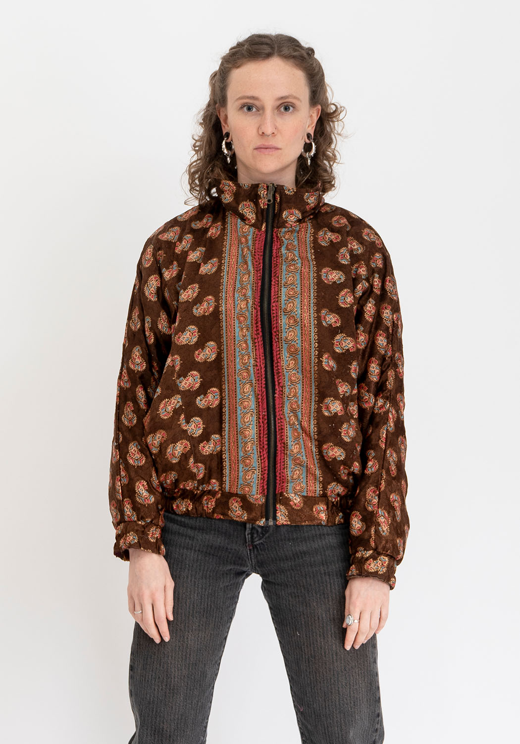 Indigoblaue Paisley Vintage-Sari Bomberjacke – Wendbar Unisex