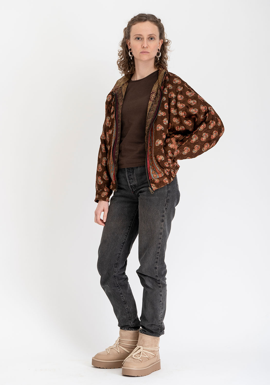 Indigoblaue Paisley Vintage-Sari Bomberjacke – Wendbar Unisex