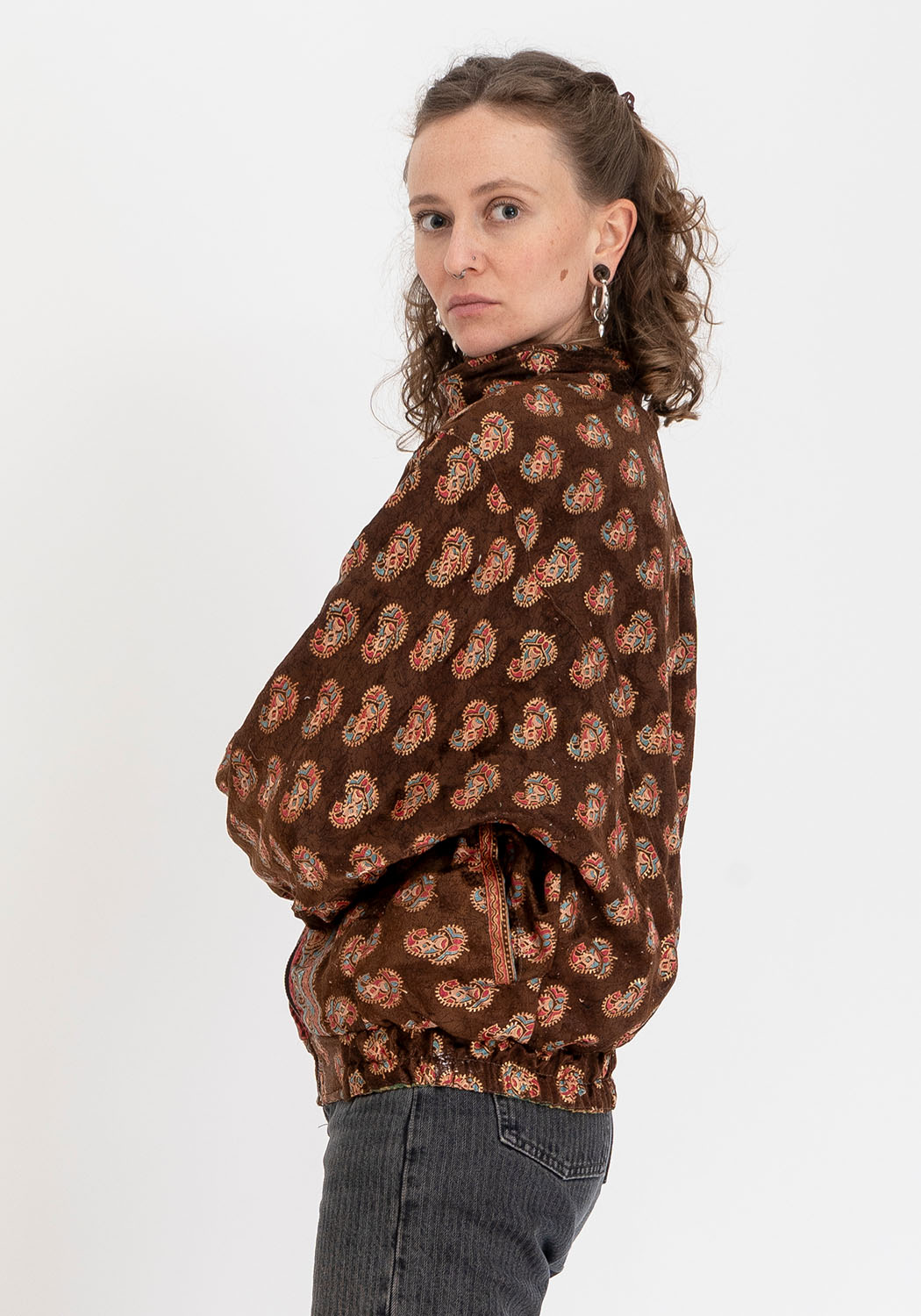 Indigoblaue Paisley Vintage-Sari Bomberjacke – Wendbar Unisex