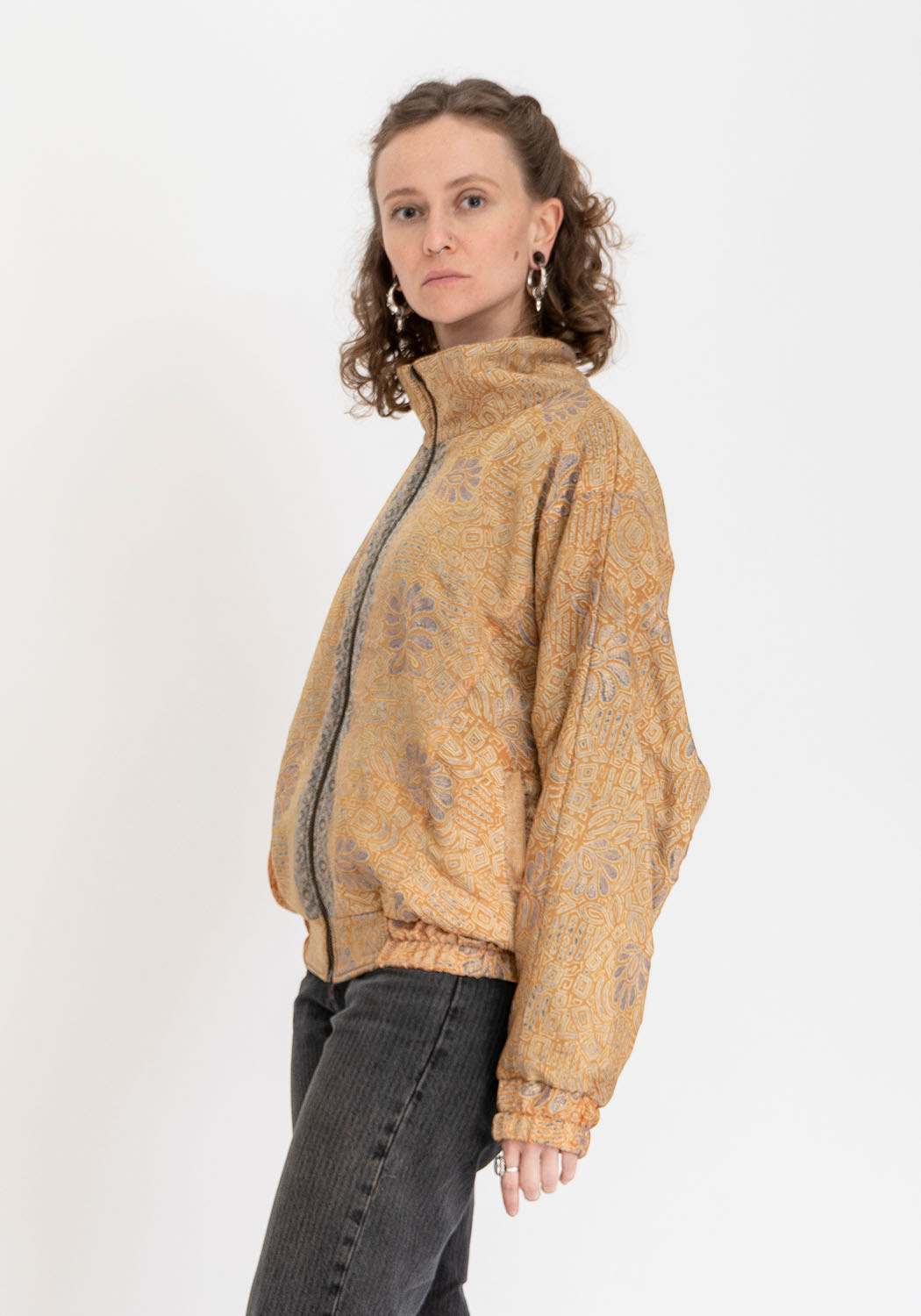 Blaue & bronzefarbene ornamentale wendbare Bomberjacke aus Vintage-Sari