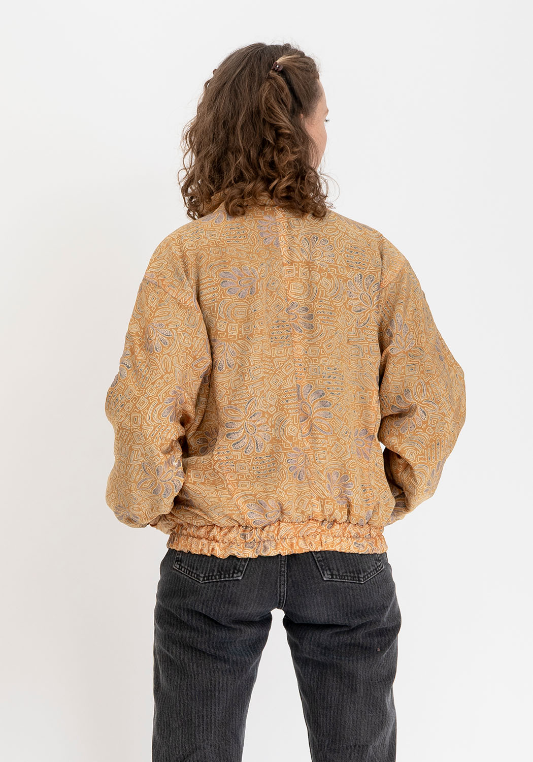 Blaue & bronzefarbene ornamentale wendbare Bomberjacke aus Vintage-Sari