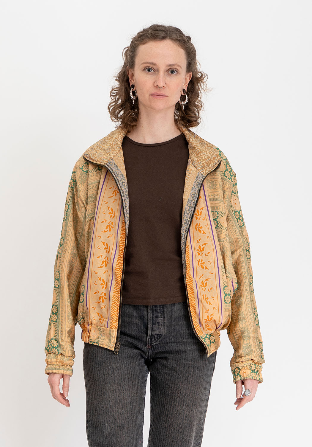 Blaue & bronzefarbene ornamentale wendbare Bomberjacke aus Vintage-Sari