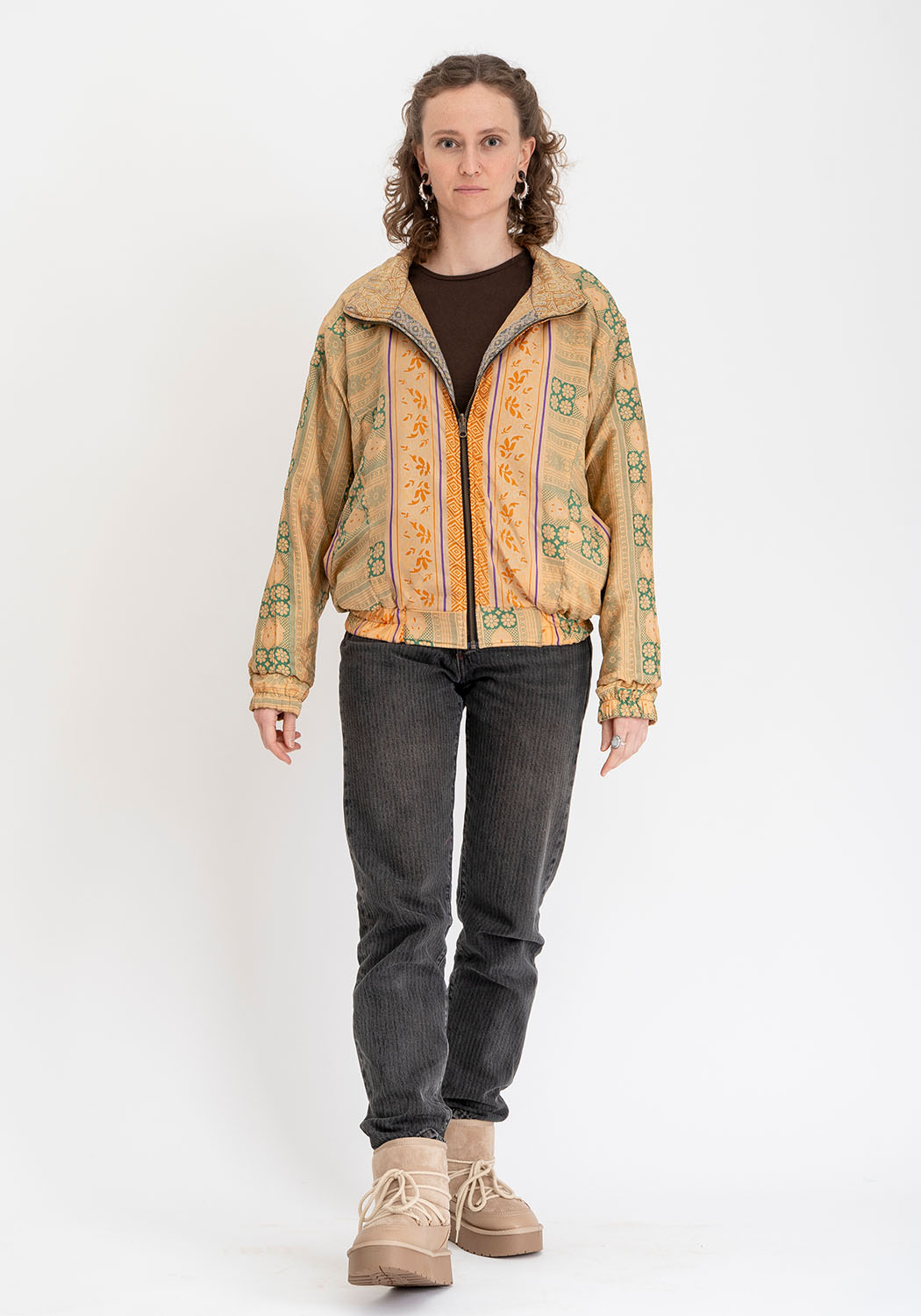 Blaue & bronzefarbene ornamentale wendbare Bomberjacke aus Vintage-Sari