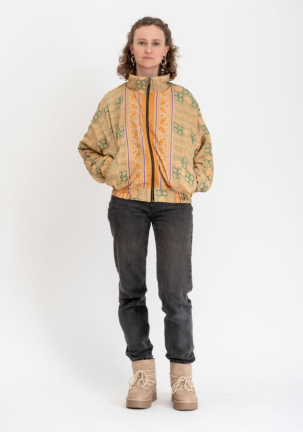 Blaue &amp; bronzefarbene ornamentale wendbare Bomberjacke aus Vintage-Sari