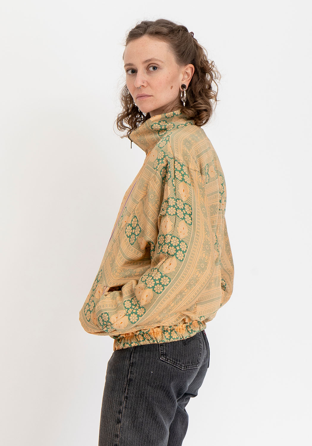 Blaue &amp; bronzefarbene ornamentale wendbare Bomberjacke aus Vintage-Sari