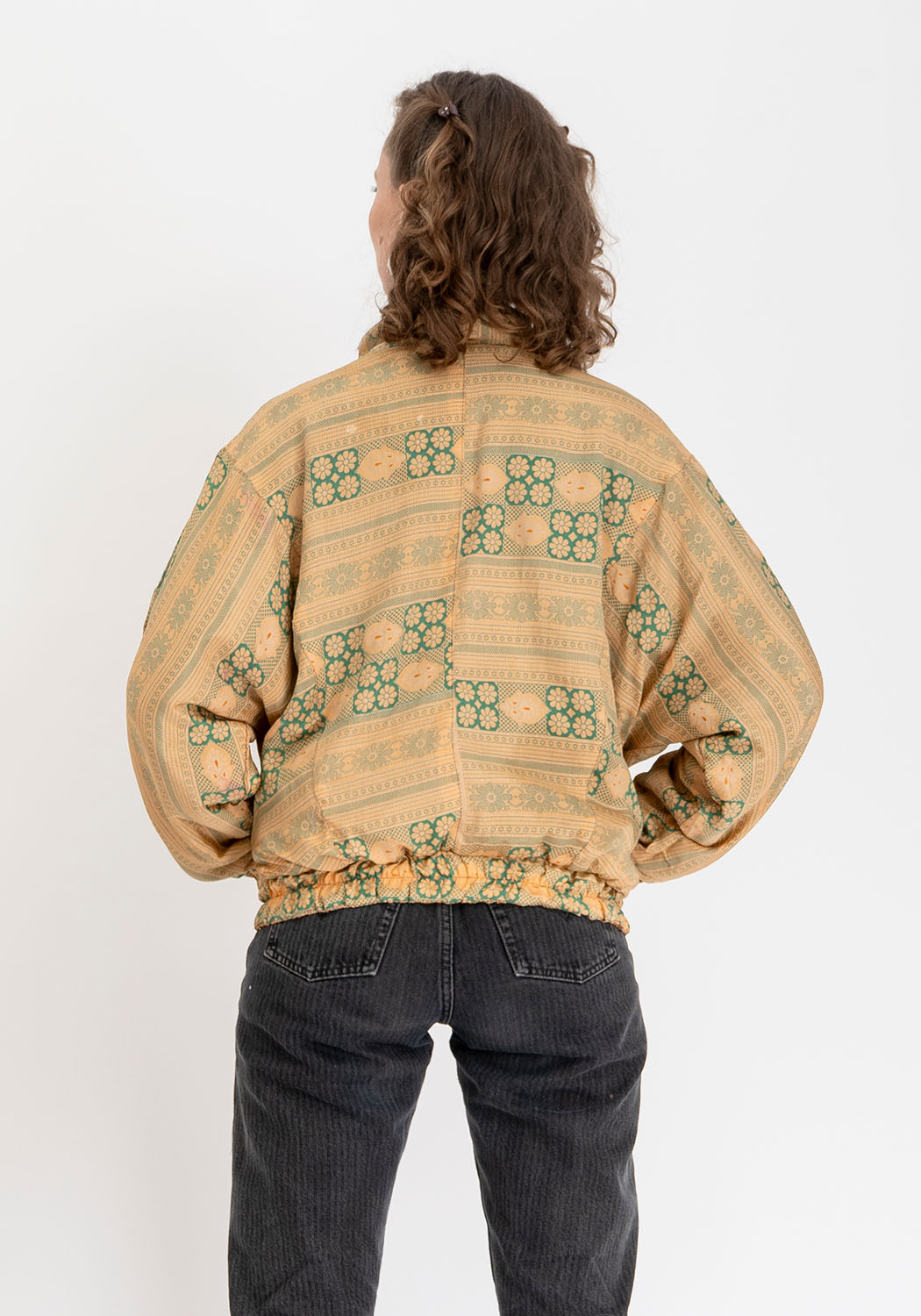 Blaue &amp; bronzefarbene ornamentale wendbare Bomberjacke aus Vintage-Sari