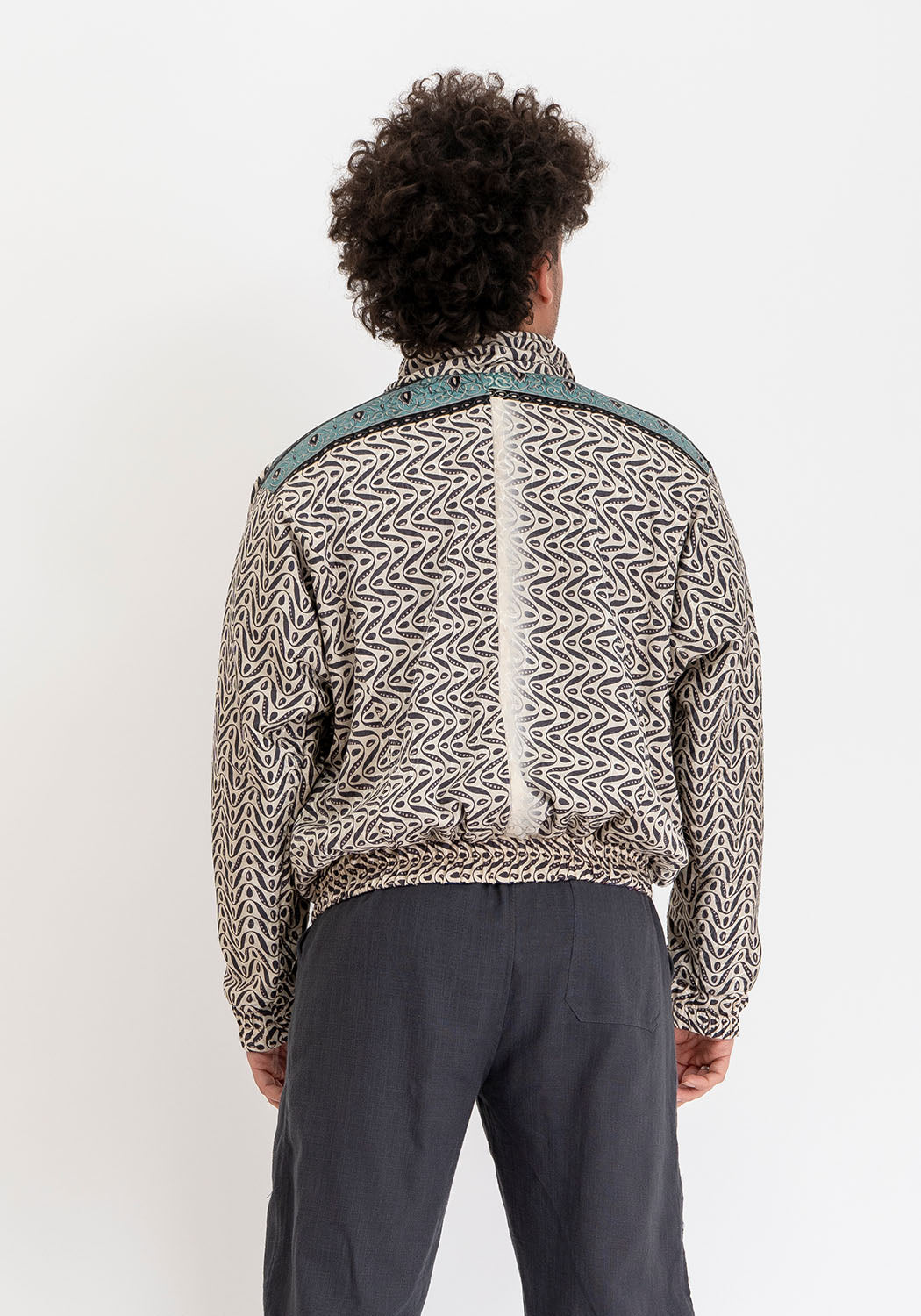 Türkis-blaue & bronzefarbene wendbare Vintage-Sari Bomberjacke
