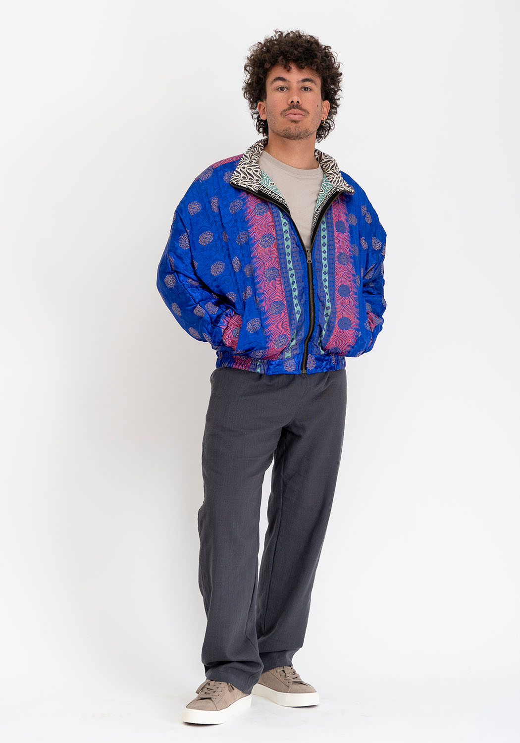 Türkis-blaue &amp; bronzefarbene wendbare Vintage-Sari Bomberjacke