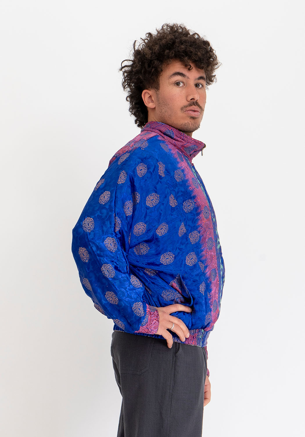 Türkis-blaue &amp; bronzefarbene wendbare Vintage-Sari Bomberjacke
