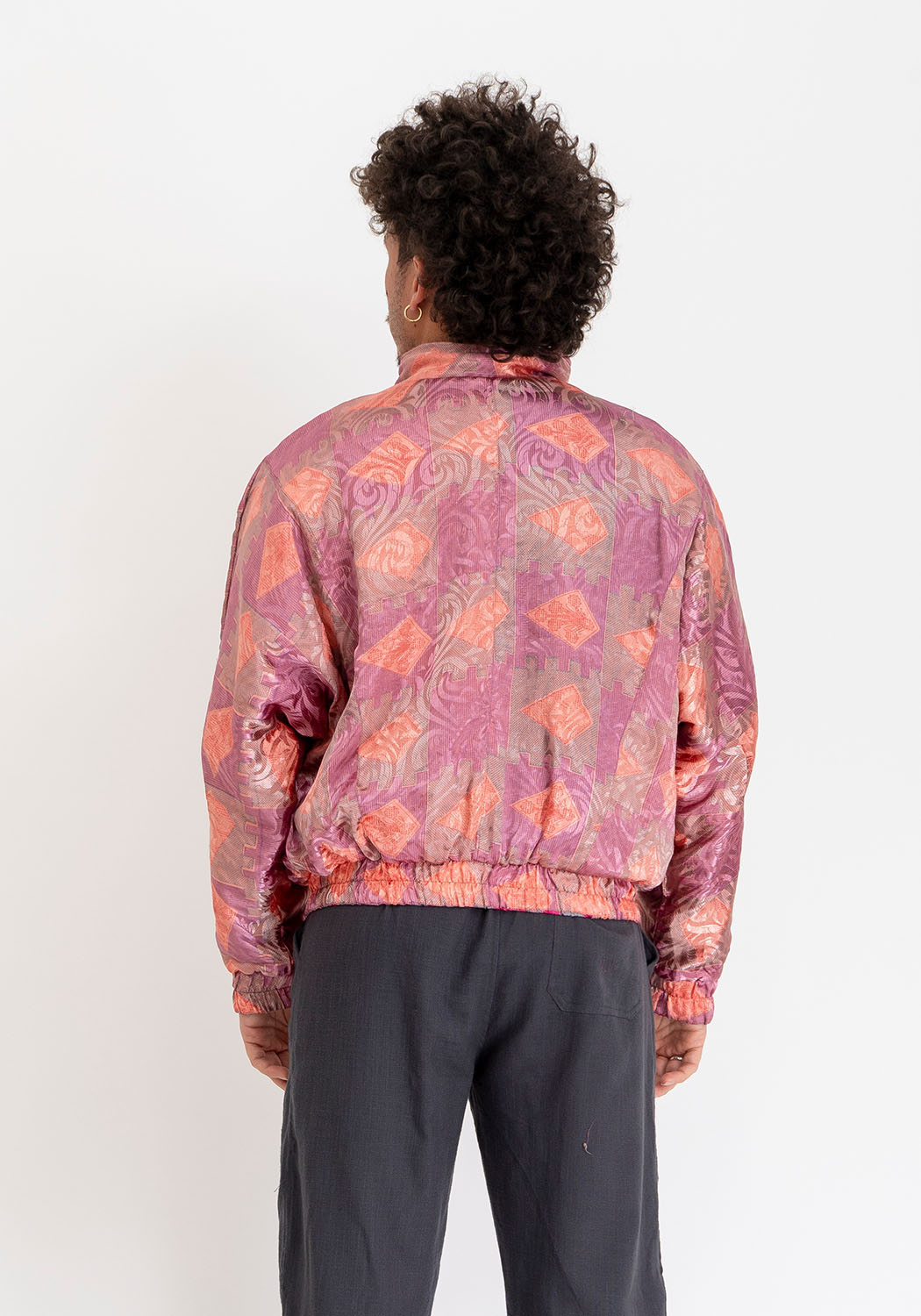 Wattierte Wende-Sari-Bomberjacke – Sunset-Pink Collage & Magenta-Streifen
