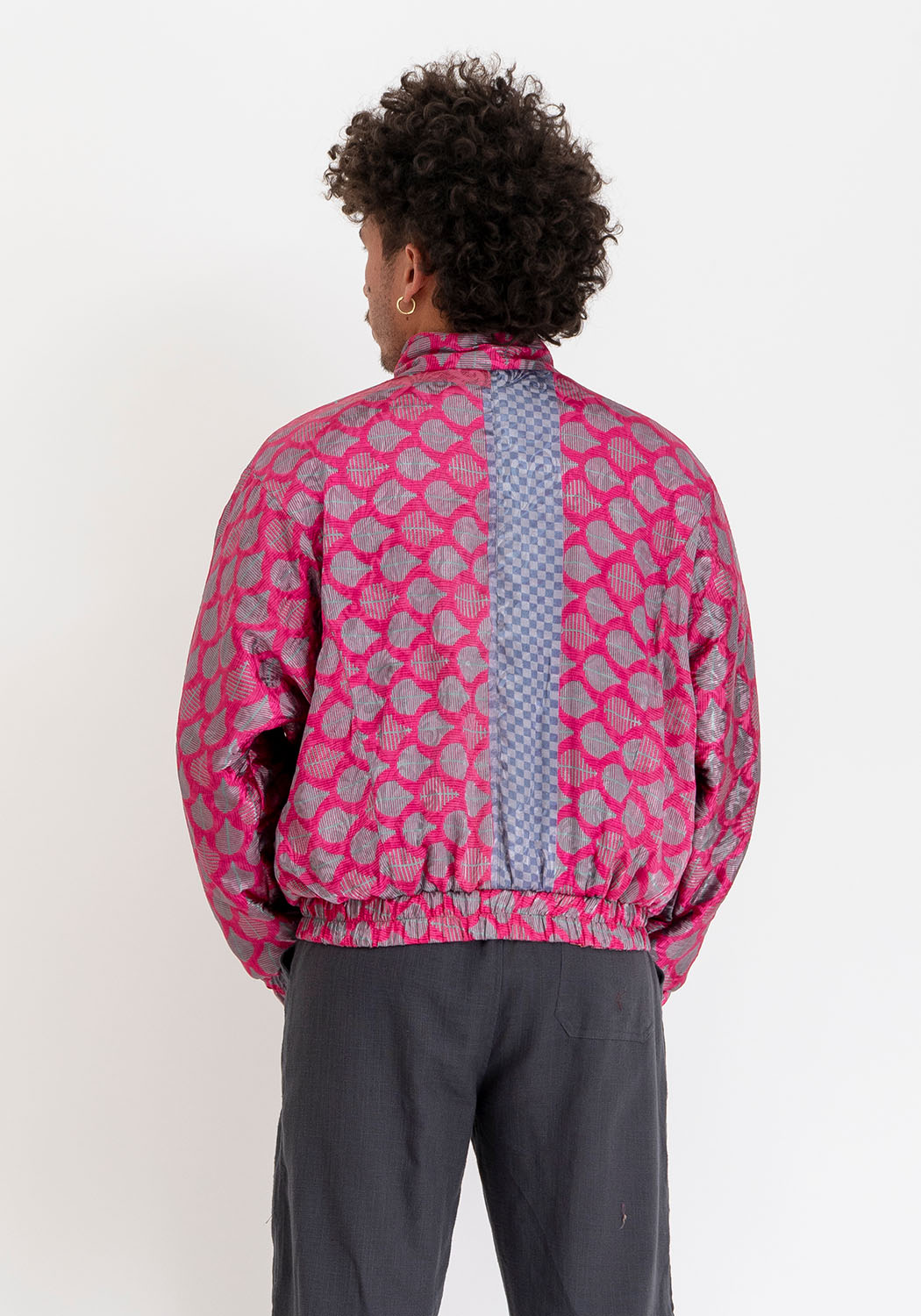 Wattierte Wende-Sari-Bomberjacke – Sunset-Pink Collage &amp; Magenta-Streifen