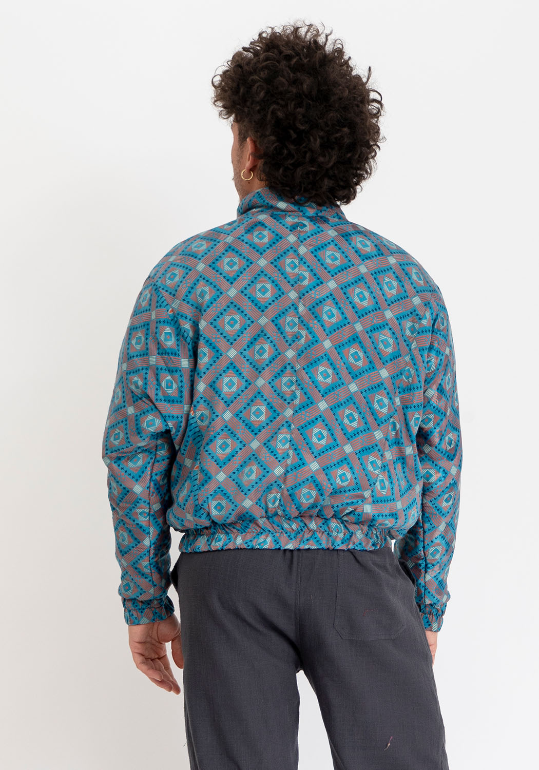 Unisex Wende-Sari-Bomberjacke – Petrol-Diamantmuster & Kobaltblau-Panel