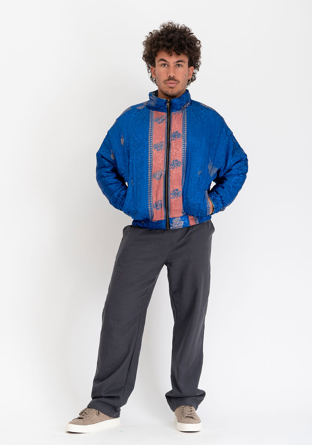 Unisex Wende-Sari-Bomberjacke – Petrol-Diamantmuster & Kobaltblau-Panel