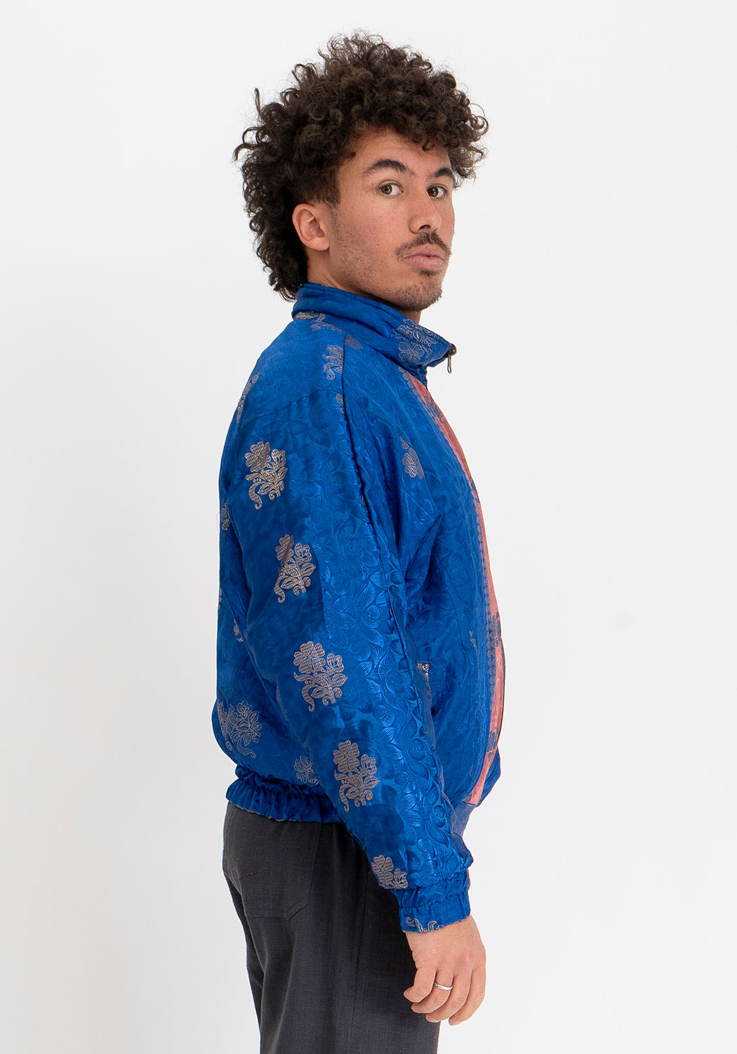 Unisex Wende-Sari-Bomberjacke – Petrol-Diamantmuster &amp; Kobaltblau-Panel