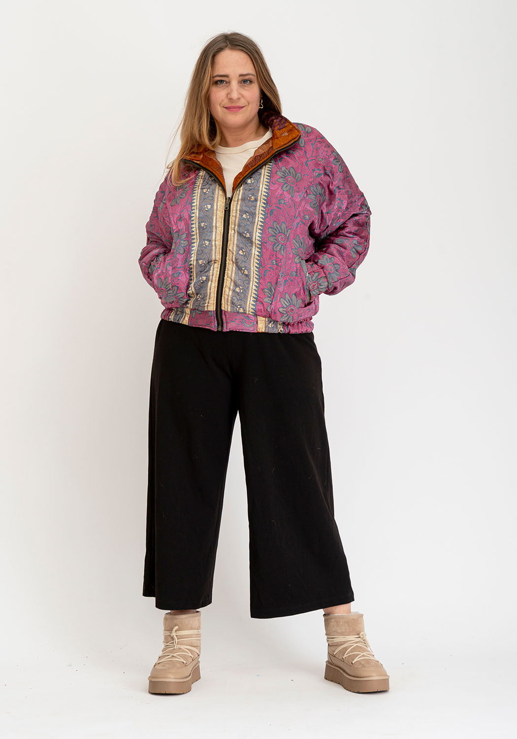 Wende-Sari-Bomberjacke – Rostorange Streifen &amp; Rosé-Blumenpanel
