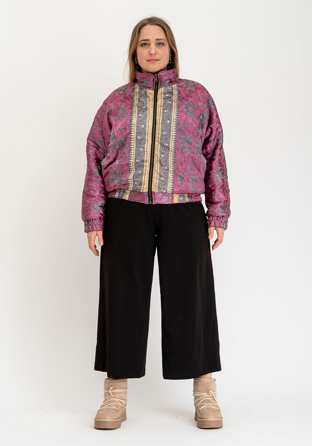 Wende-Sari-Bomberjacke – Rostorange Streifen &amp; Rosé-Blumenpanel