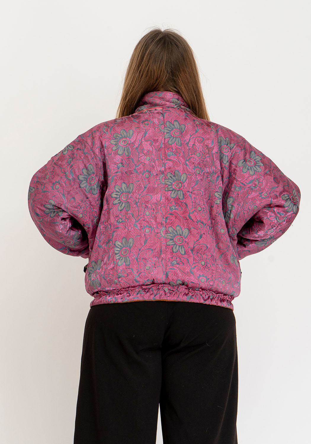 Wende-Sari-Bomberjacke – Rostorange Streifen &amp; Rosé-Blumenpanel